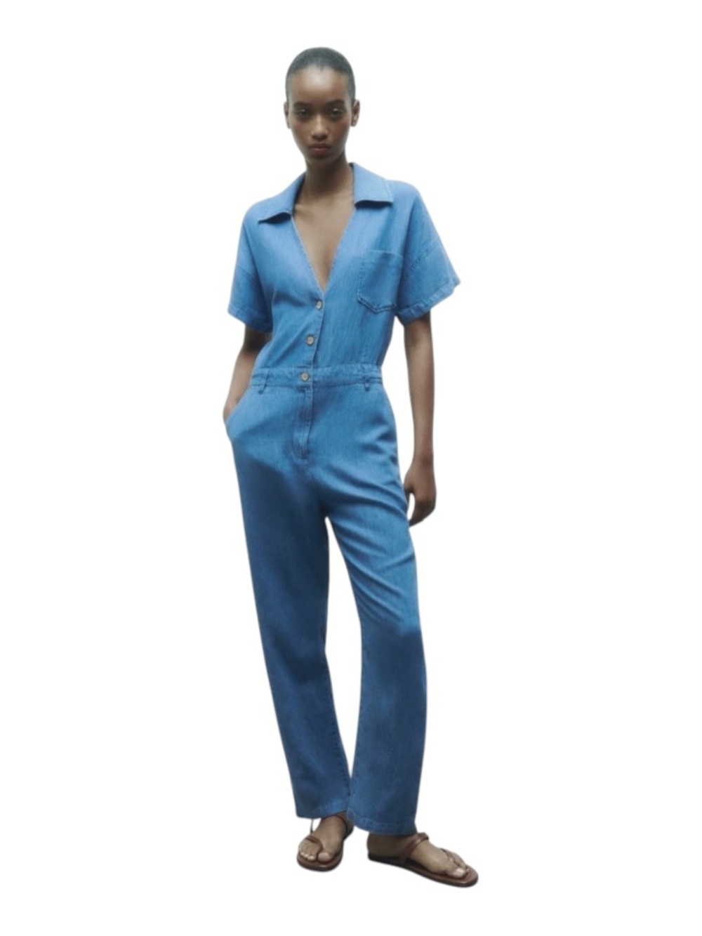 ZARA Z1975 8069 Short Sleeve Long Denim Jumpsuit Button Front Medium